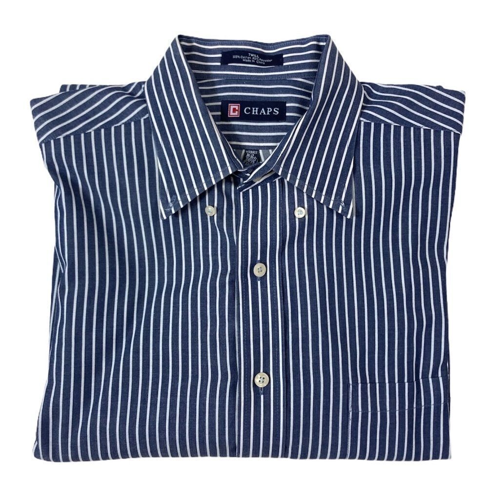 Chaps Mens Striped Twill No Wrinkle Button Down Long Sleeve Shirt Large 16/16.5